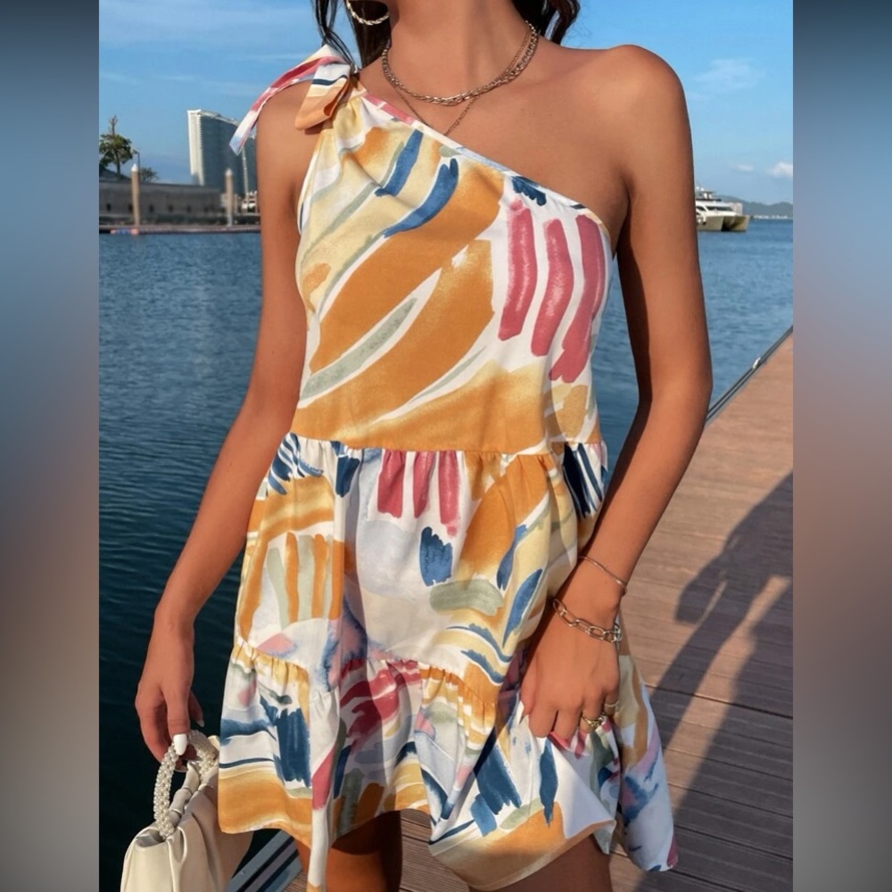 Boho one shoulder watercolor print ruffle hem dress - Picture 5 of 7